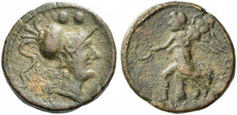 Apulia, Caelia.
Sextans circa III century BC, Æ 18 mm, 4.78 g. Head of Athena r...