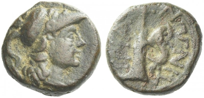Apulia, Hyrium.
Bronze circa III century BC, Æ 12 mm, 2.39 g. Head of Athena r....