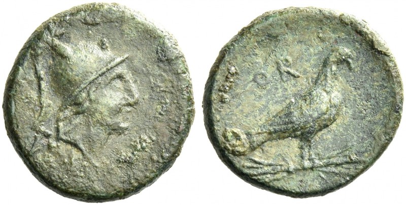 Apulia, Orra.
Bronze circa 250-225, Æ 17mm, 3.71 g. Young male head wearing con...