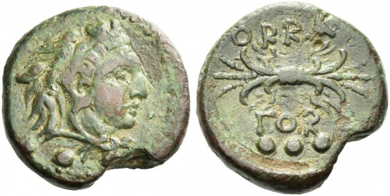 Apulia, Orra.
Teruncius circa 210-150, Æ 17 mm, 4.67 g. Head of young Heracles ...