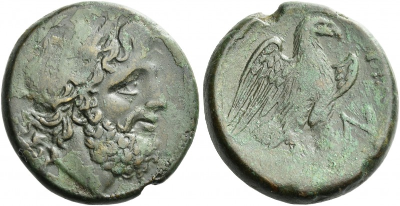 Apulia, Teate.
Nummus circa 225-200, Æ 31 mm, 30.35 g. Wreathed head of Zeus of...
