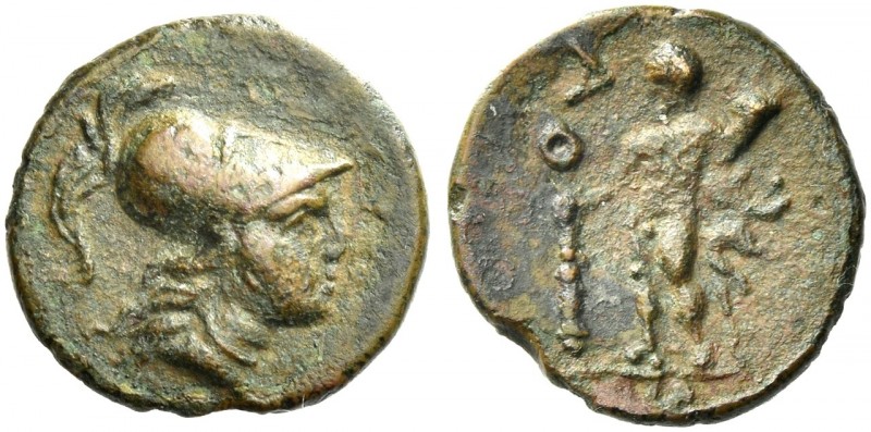 Apulia, Uxentum.
Bronze circa 150-125, Æ 14 mm, 1.44 g. Helmeted head of Athena...