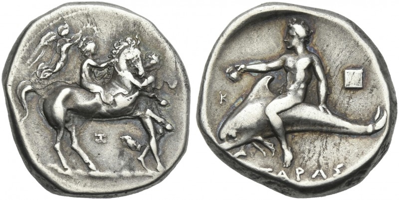 Calabria, Tarentum. 
Nomos circa 340-335 BC, AR 19 mm, 7.57 g. Horse rearing r....
