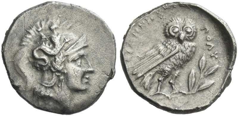 Calabria, Tarentum. 
Drachm circa 280-272, AR 17 mm, 2.90 g. Head of Athena r. ...