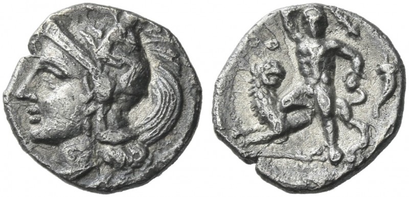 Calabria, Tarentum. 
Diobol circa 280-228, AR 11 mm, 1.00 g. Head of Athena l.,...