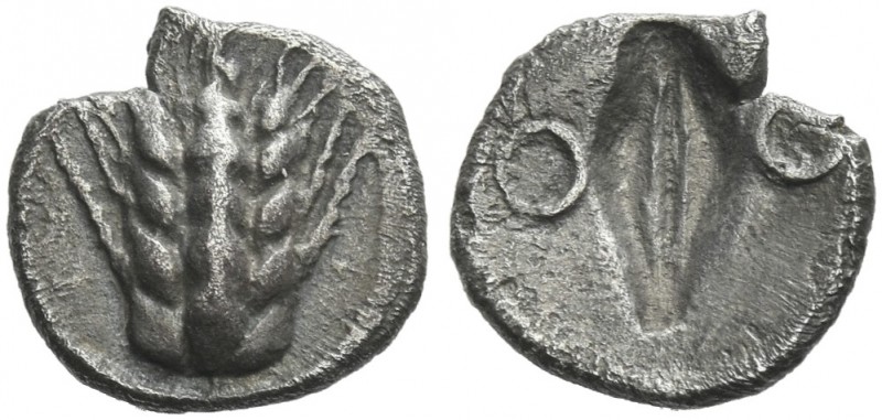 Lucania, Metapontum.
Diobol circa 470-440, AR 10 mm, 0.80 g. Ear of barley. Rev...
