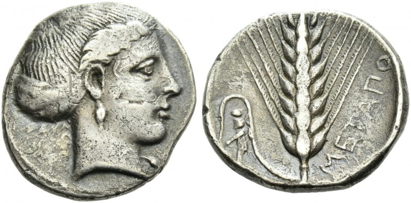Lucania, Metapontum.
Nomos circa 400-340, AR 22 mm, 7.38 g. Head of Demeter r.,...