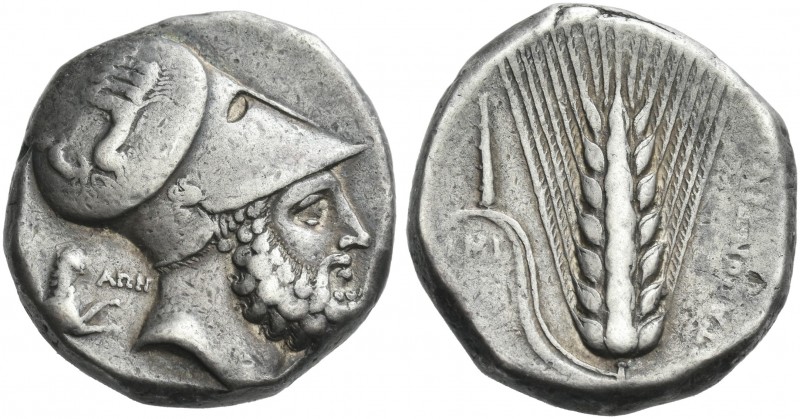Lucania, Metapontum.
Dinomos circa 340-330, AR 24 mm, 15.81 g. Head of Leucippu...