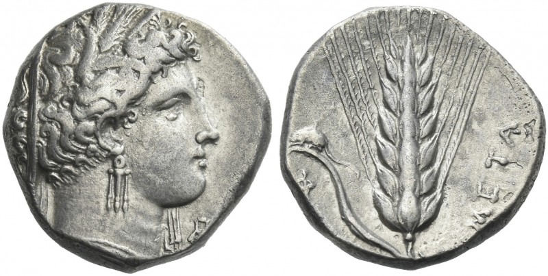 Lucania, Metapontum.
Nomos circa 340-330, AR 20 mm, 7.57 g. Head of Demeter r.,...