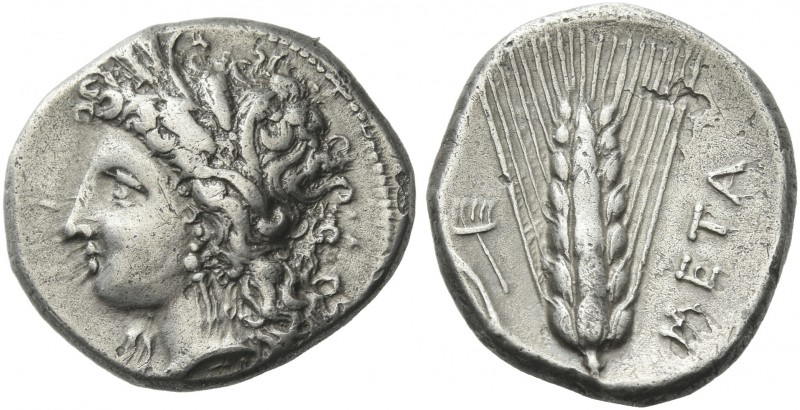 Lucania, Metapontum.
Nomos circa 330-290, AR 22 mm, 7.45 g. Head of Demeter l.,...