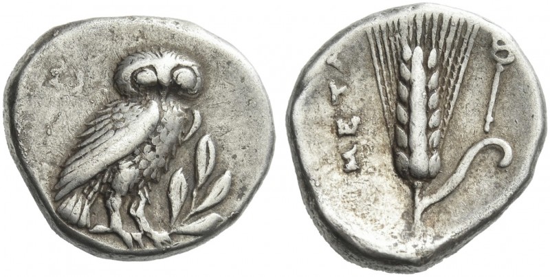 Lucania, Metapontum.
Drachm circa 325-275, AR 17 mm, 3.17 g. Owl facing graspin...