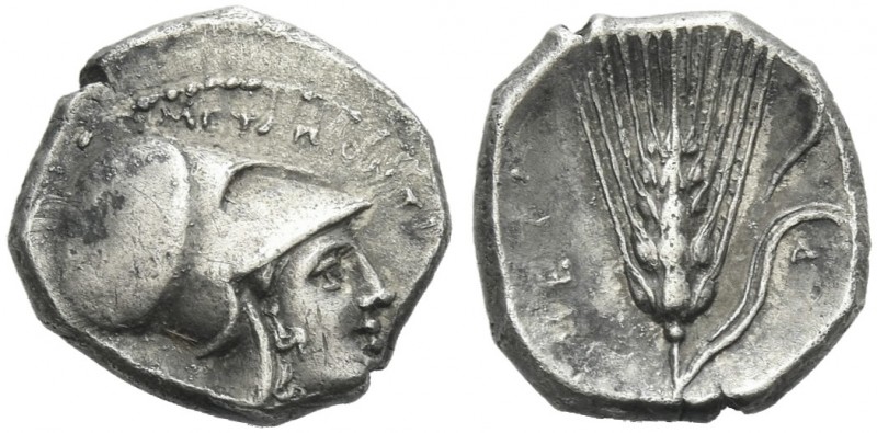 Lucania, Metapontum.
Diobol circa 325-275, AR 12 mm, 1.02 g. METAΠONTI[NΩN] Hea...
