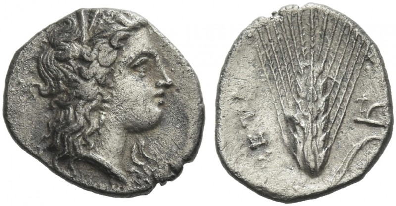 Lucania, Metapontum.
Diobol circa 325-275, AR 13 mm, 0.99 g. Head of Demeter r....