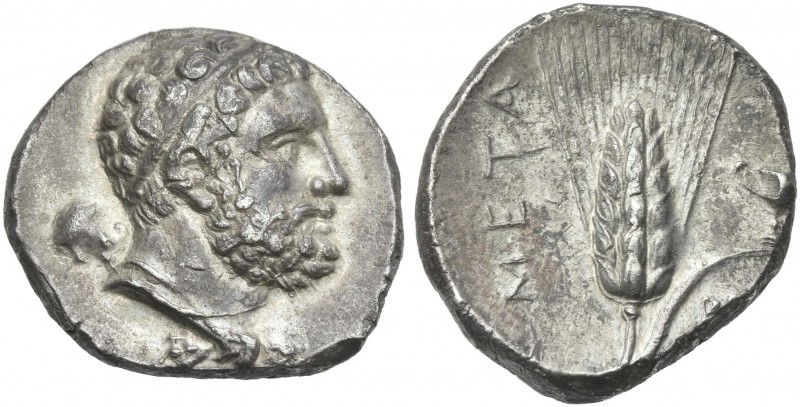 Lucania, Metapontum.
Nomos circa 290-280, AR 22 mm, 7.72 g. Diademed head of He...