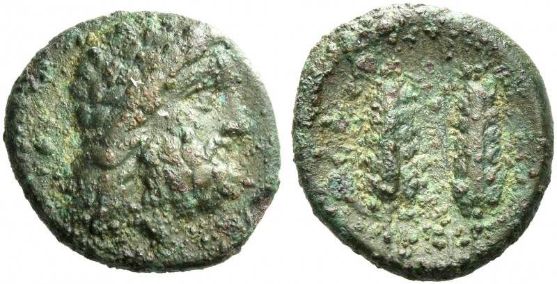 Lucania, Metapontum.
Bronze circa 300-275, Æ 15 mm, 2.70 g. Laureate head of Ze...