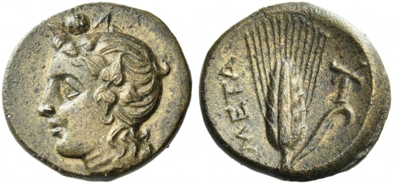 Lucania, Metapontum.
Bronze circa 300-275, Æ 17 mm, 2.60 g. Ivy-wreathed head o...