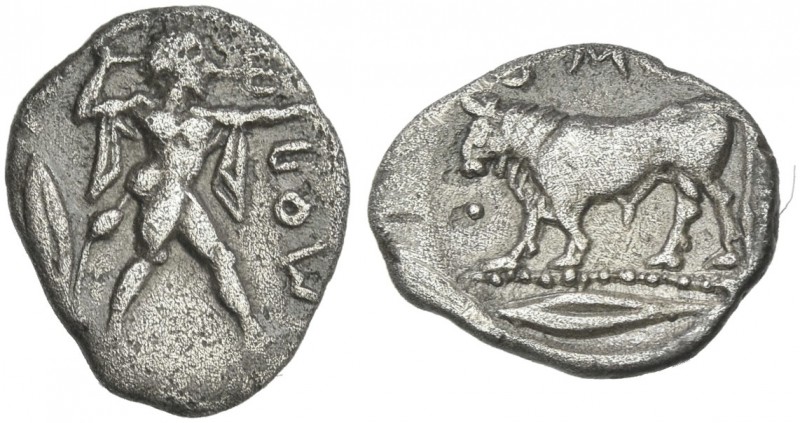 Lucania, Poseidonia.
Diobol circa 445-420, AR 12 mm, 0.86 g. ΠOM Poseidon, nake...