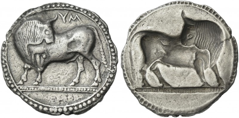 Lucania, Sybaris.
Nomos circa 550-510, AR 27 mm, 7.55 g. YM Bull standing l. wi...