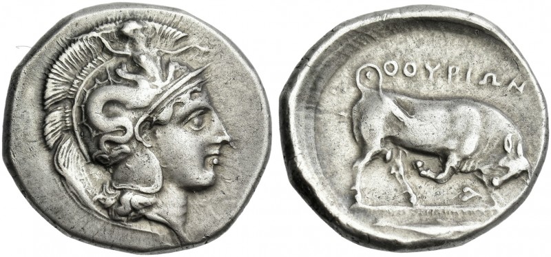 Lucania, Thurium.
Nomos circa 400-350, AR 23 mm, 7.88 g. Head of Athena r., wea...