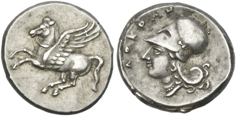 Bruttium, Locri Epizephyrii.
Stater circa 350-275, AR 22 mm, 8.68 g. Pegasus fl...