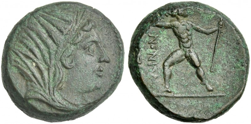 Bruttium, Petelia.
Bronze late III century BC, Æ 20 mm, 8.69 g. Veiled and wrea...