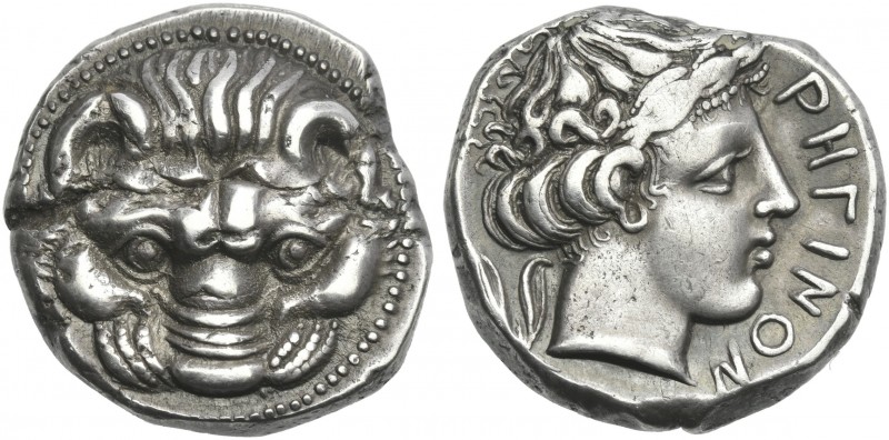 Bruttium, Rhegium.
Tetradrachm circa 415-400, AR 24 mm, 17.21 g. Lion’s mask fa...