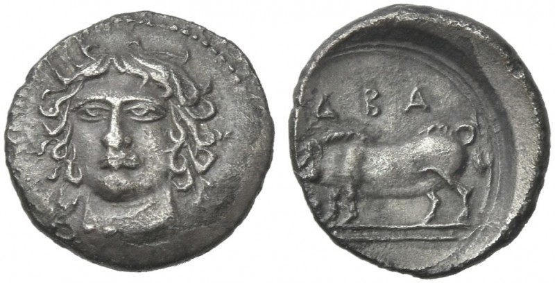 Sicily, Abacaenum. 
Litra circa 410-400, AR 11 mm, 0.61 g. Facing head of nymph...