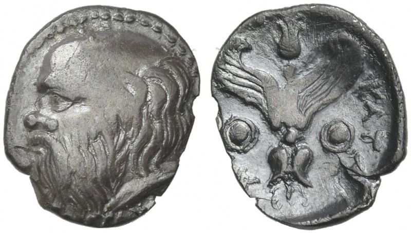 Sicily, Catana.
Litra circa 420-410, AR 11 mm, 0.60 g. Bare head of Silenus l. ...