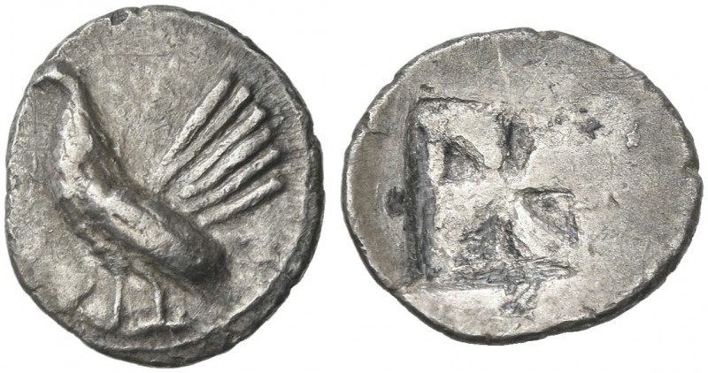 Sicily, Himera.
Litra circa 515-500, AR 12 mm, 0.73 g. Hen standing l. Rev. Mil...