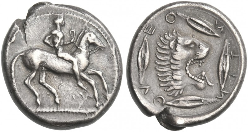 Sicily, Leontini.
Didrachm circa 475-470, AR 19 mm, 9.26 g. Naked horseman adva...