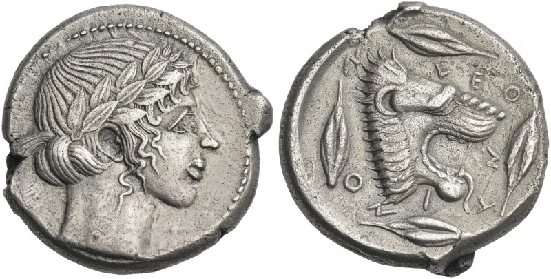 Sicily, Leontini.
Tetradrachm circa 460-450, AR 26 mm, 17.30 g. Laureate head o...
