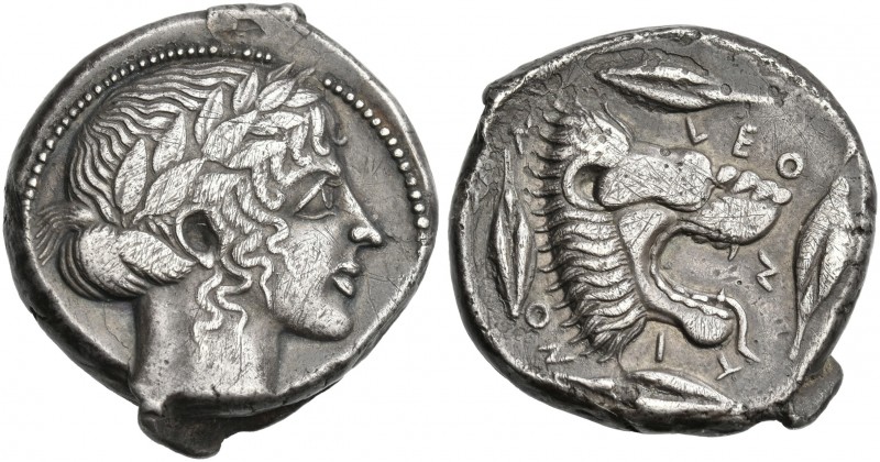 Sicily, Leontini.
Tetradrachm circa 460-450, AR 27 mm, 17.27 g. Laureate head o...