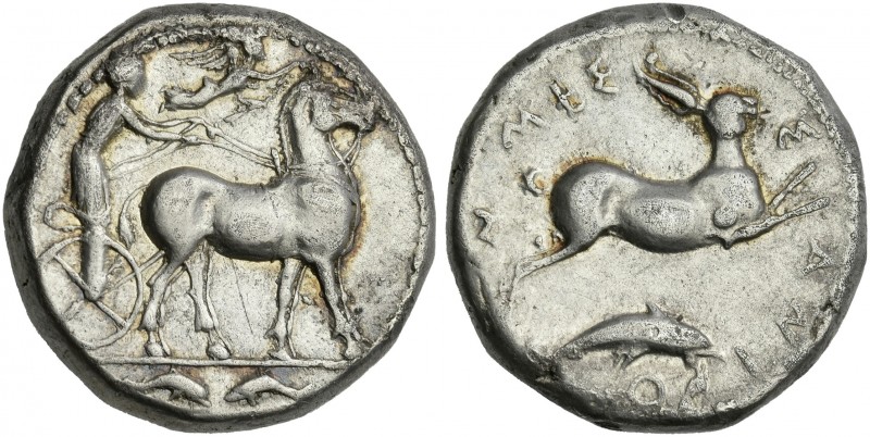 Sicily, Messana.
Tetradrachm circa 425-421, AR 24 mm, 17.00 g. Biga of mules dr...