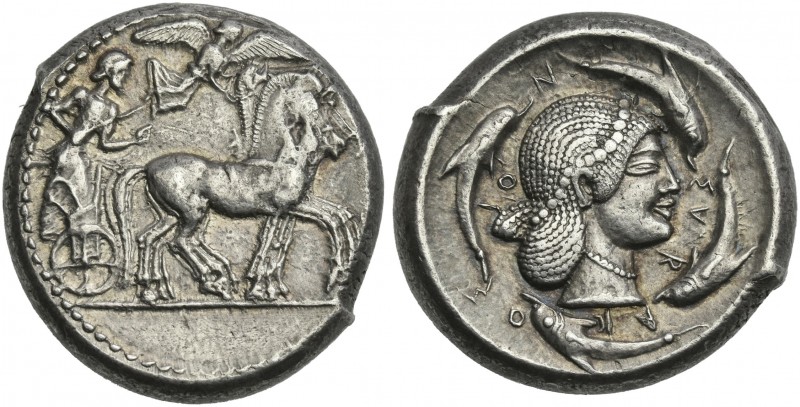 Sicily, Syracuse.
Tetradrachm circa 480-475, AR 25 mm, 17.32 g. Slow quadriga d...