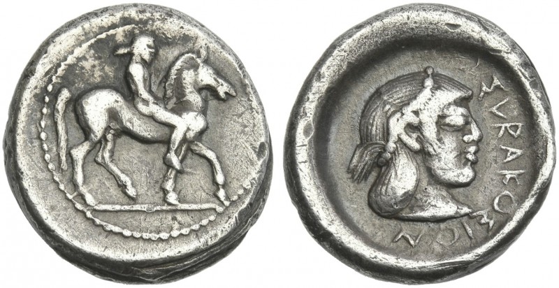 Sicily, Syracuse.
Drachm circa 480-470, AR 16 mm, 4.25 g. Horseman r. Rev. ΣVRA...