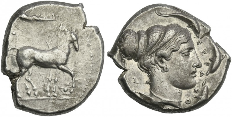 Sicily, Syracuse.
Tetradrachm circa 450-430, AR 27 mm, 17.34 g. Slow quadriga d...