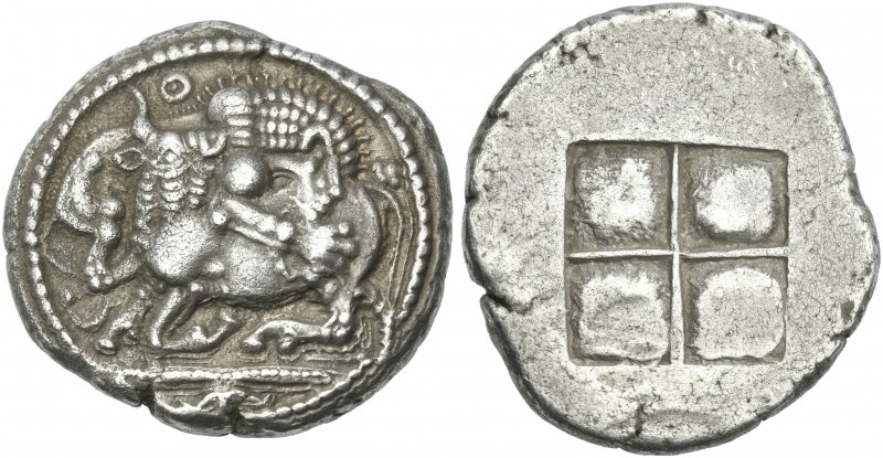 Macedonia, Acanthus. 
Tetradrachm circa 470-430, AR 29 mm, 17.07 g. Lion r., at...