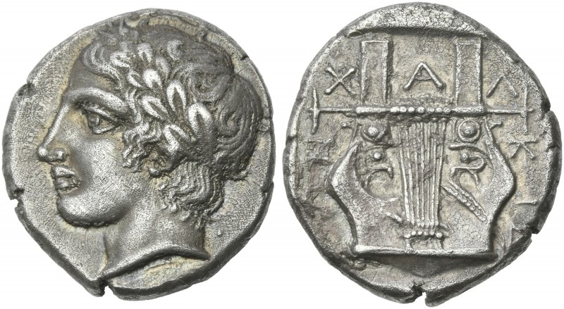 Macedonia, Olynthus.
Tetradrachm circa 410-401 BC, AR 25 mm, 13.99 g. Laureate ...