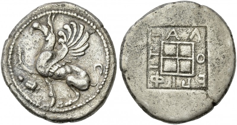 Thrace, Abdera.
Tetradrachm circa 473-448, AR 27 mm, 14.33 g. Griffin seated l....