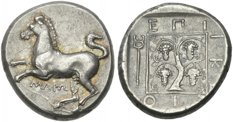 Thrace, Maroneia.
Tetradrachm circa 386-347, AR 22 mm, 11.34 g. MAPΩ Horse l., ...