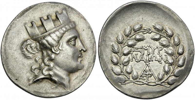 Smyrna. 
Tetradrachm after 190, AR 34 mm, 16.75 g. Turreted head of Cybele r., ...