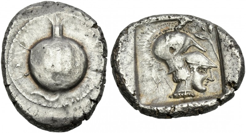 Pamphylia, Side.
Stater circa 490-400, AR 27 mm, 10.72 g. Pomegranate. Rev. Hel...