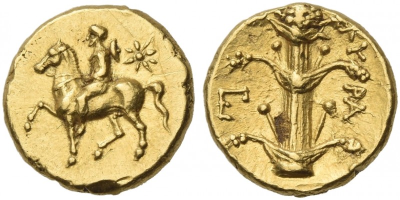 Cyrene.
Tetrobol circa 308-305, AV 13 mm, 2.86 g. Youth on horseback l; in r. f...