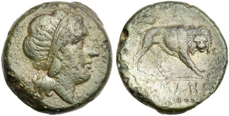 Unit, Neapolis after 276, Æ 19mm, 7.81 g. Female head r. Rev. Lion walking r.; i...