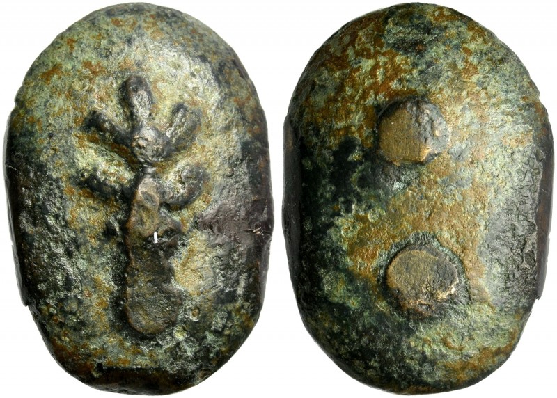 Sextans mid 3rd century BC, Æ 30 mm, 24.07 g. Club upright. Rev. Two pellets. Ha...