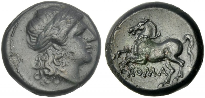 Bronze circa 234-231, Æ 15 mm, 3.54 g. Laureate head of Apollo r. Rev. Bridled h...