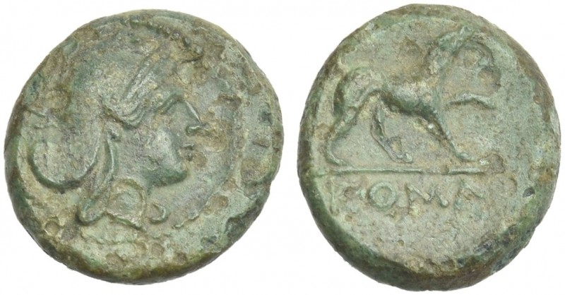 Half-bronze circa 234-231, Æ 12 mm, 1.58 g. Head of Roma r., wearing Phrygian he...