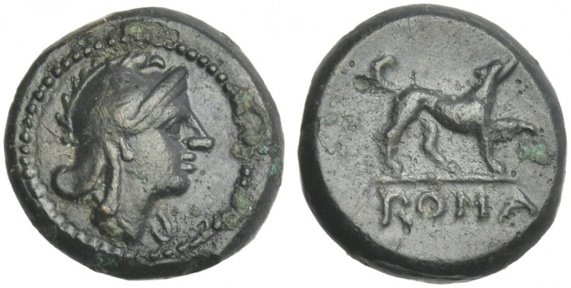 Half-bronze circa 234-231, Æ 12 mm, 1.62 g. Head of Roma r., wearing Phrygian he...