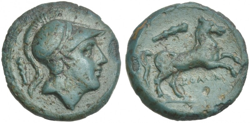 Bronze circa 230-226, Æ 15 mm, 2.52 g. Helmeted head of beardless Mars r.; behin...