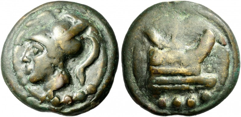 Triens circa 225-217, Æ 33 mm, 99.51 g. Helmeted head of Minerva l.; below, four...